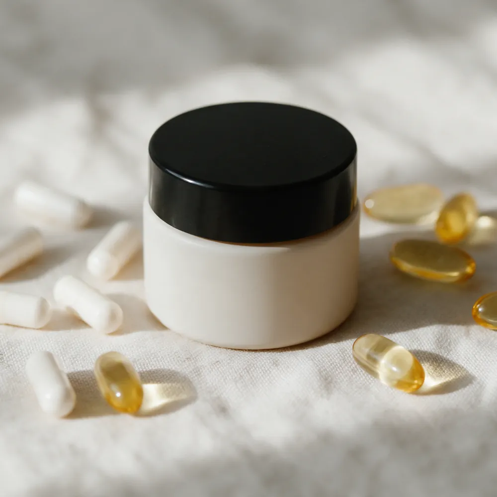 Plain capsules and softgels beside a small jar on linen
