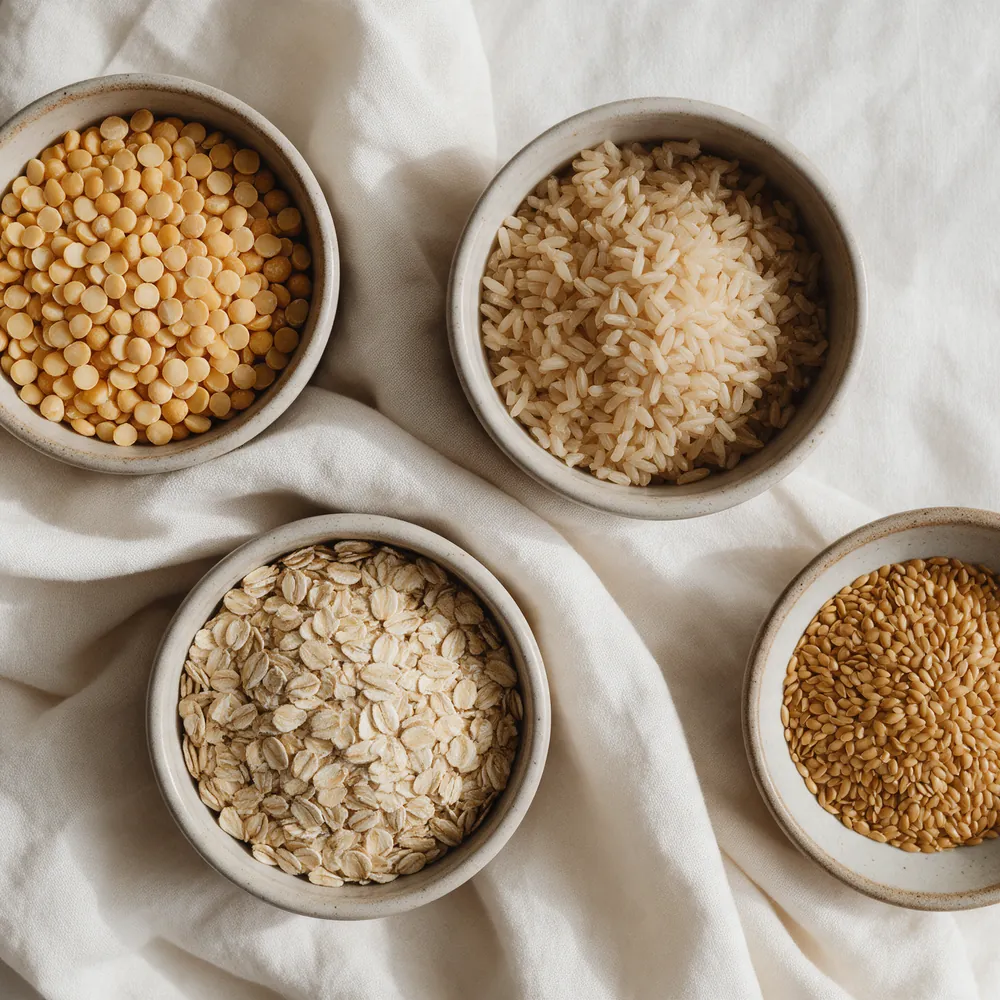 Bowls of split peas, rice, oats and flaxseed on linen
