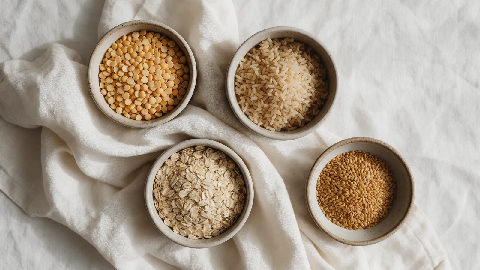 Bowls of split peas, rice, oats and flaxseed on linen