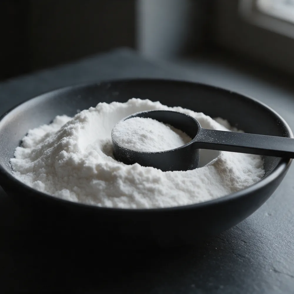 White powder and a level black scoop in a dark bowl