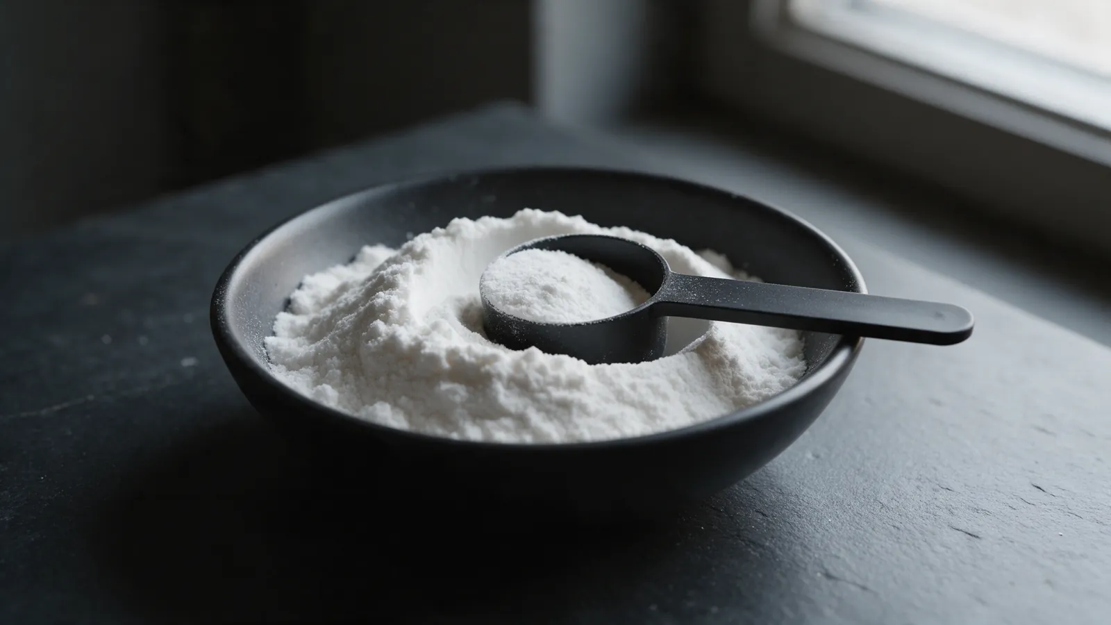 White powder and a level black scoop in a dark bowl